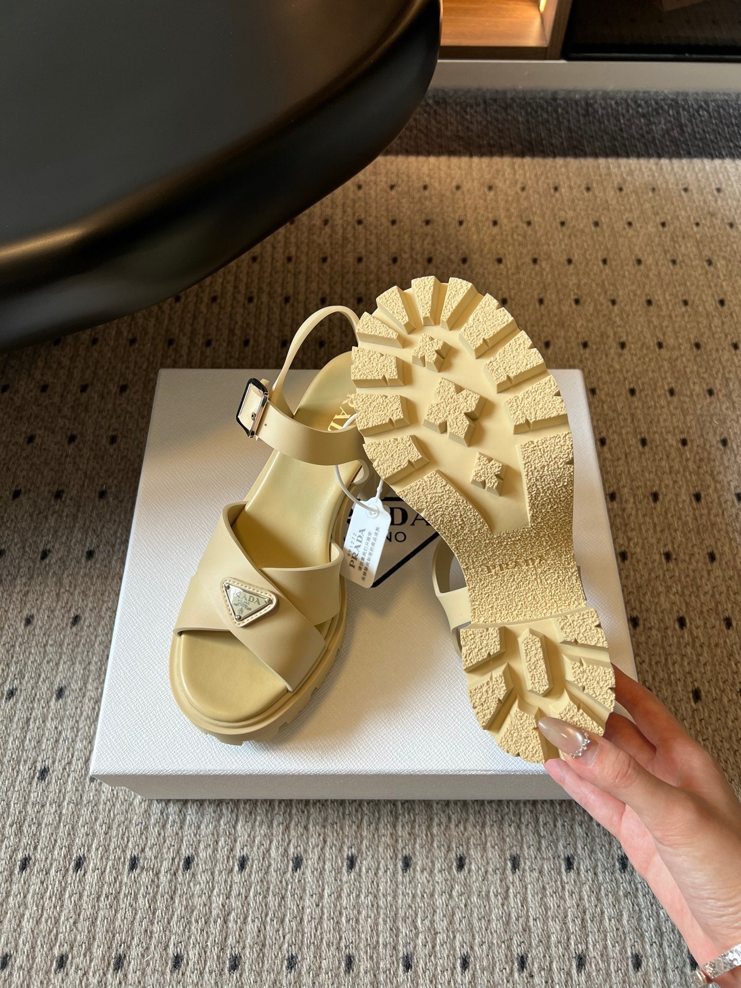 PRADA 26S BLOCK HEEL SANDALS 85MM IN BEIGE EVA FOAM