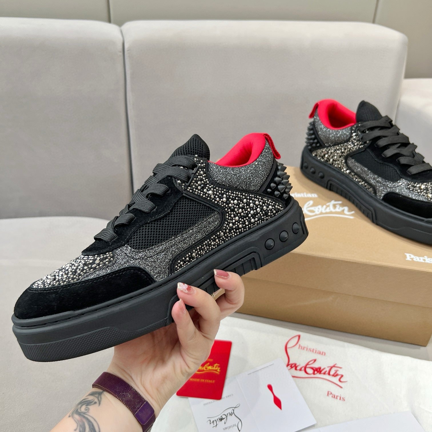 ASTROLOUBI SNEAKER IN BLACK SUEDE BLACK SPIKES RHINESTONE DETAILS