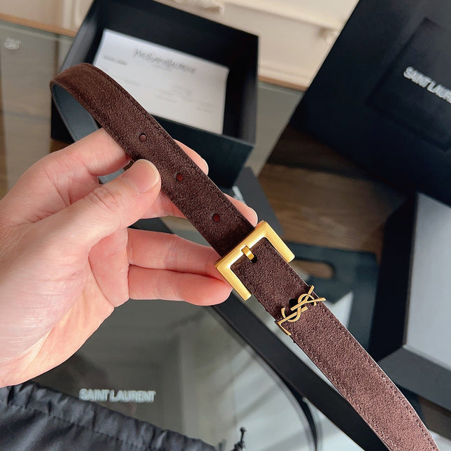 YSL 25S BELT 20 MM IN ASH BROWN SUEDE WITH GOLD HARDWARE 616311