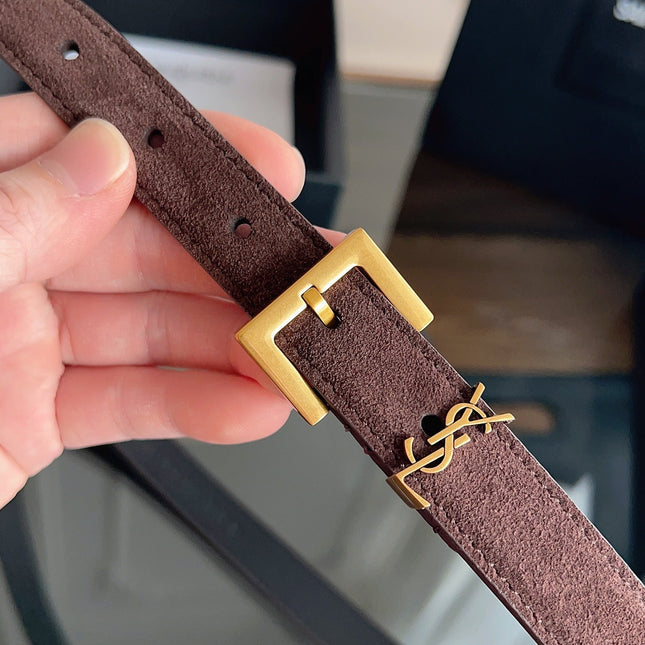 YSL 25S BELT 20 MM IN ASH BROWN SUEDE WITH GOLD HARDWARE 616311