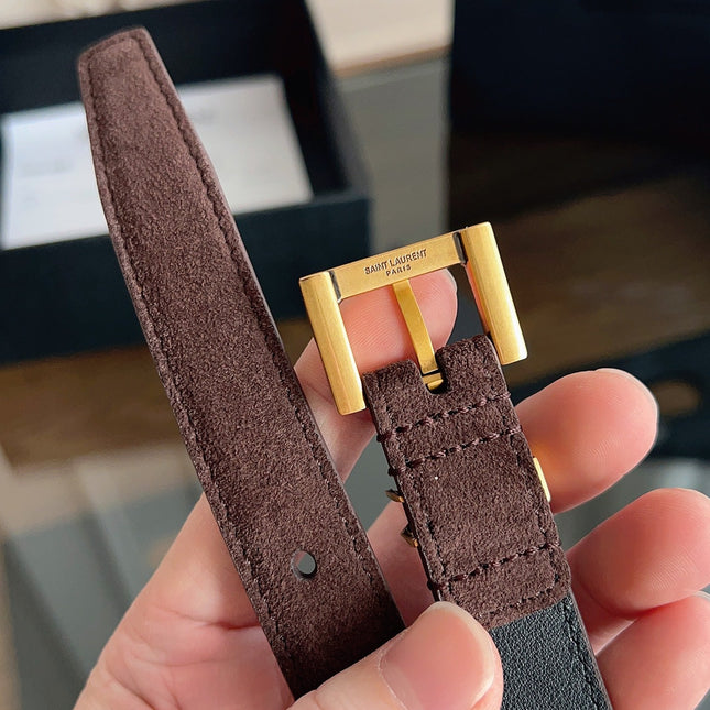 YSL 25S BELT 20 MM IN ASH BROWN SUEDE WITH GOLD HARDWARE 616311