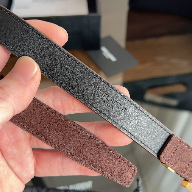 YSL 25S BELT 20 MM IN ASH BROWN SUEDE WITH GOLD HARDWARE 616311