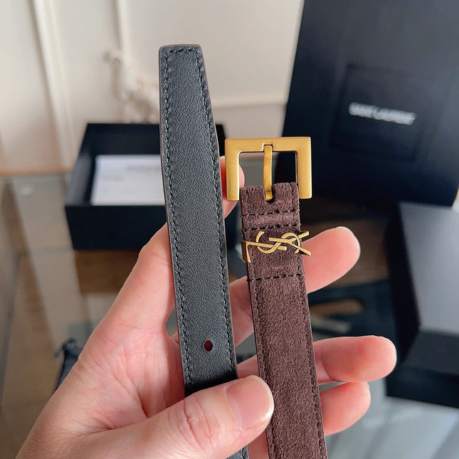 YSL 25S BELT 20 MM IN ASH BROWN SUEDE WITH GOLD HARDWARE 616311