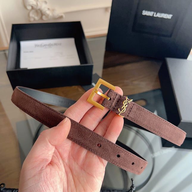 YSL 25S BELT 20 MM IN ASH BROWN SUEDE WITH GOLD HARDWARE 616311