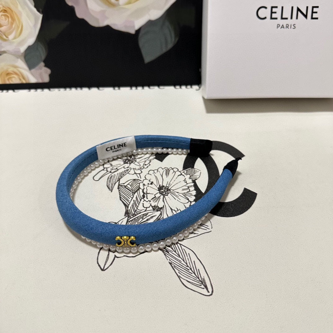 BRIGHT BLUE DENIM FABRIC HAIRBAND WITH PEARL CHAIN 400482