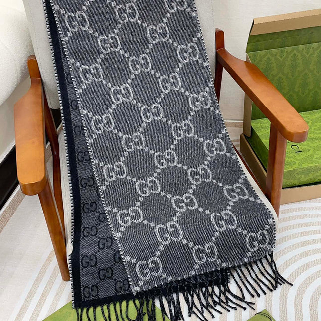 GG JACQUARD WOOL SCARF BLACK 398285