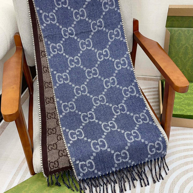 GG JACQUARD WOOL SCARF DENIM BLUE MIX COFFEE BROWN 398286
