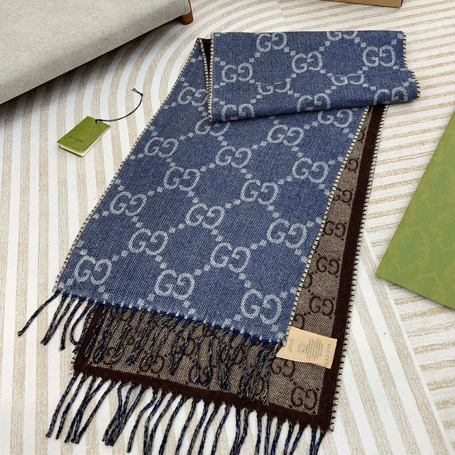 GG JACQUARD WOOL SCARF DENIM BLUE MIX COFFEE BROWN 398286