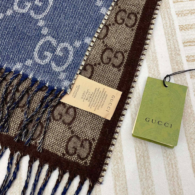 GG JACQUARD WOOL SCARF DENIM BLUE MIX COFFEE BROWN 398286