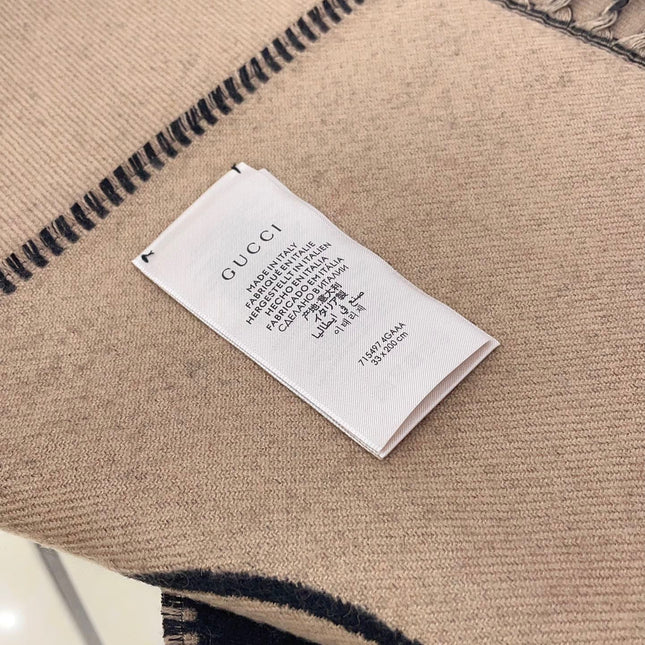 CAMEL BEIGE AND BLACK WOOL WITH INTERLOCKING G SCARF 200 CM