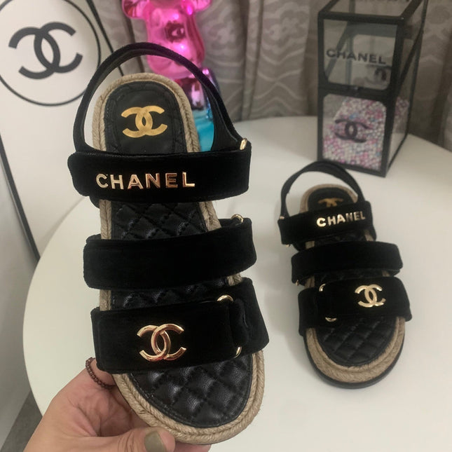 26S STRAPPY SANDALS IN BLACK VELVET WITH ROPE SOLE GOLD HARDWARE