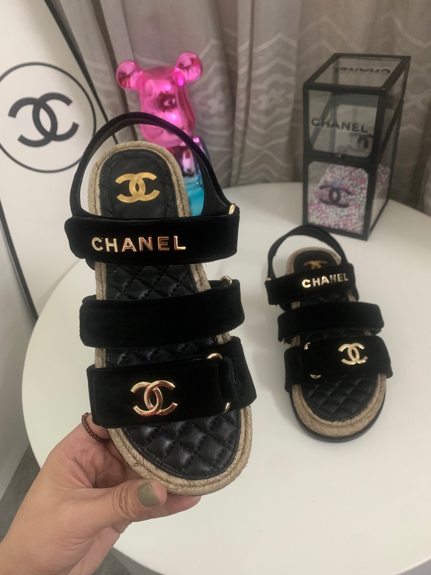 26S STRAPPY SANDALS IN BLACK VELVET WITH ROPE SOLE GOLD HARDWARE