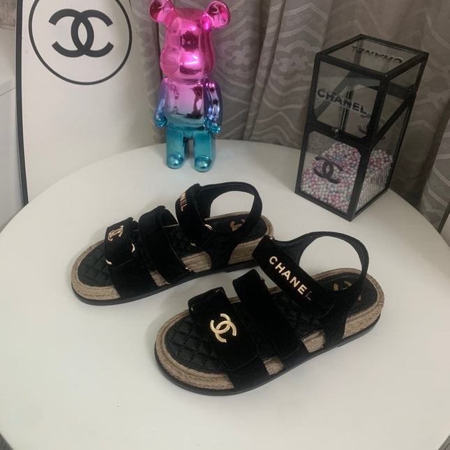 26S STRAPPY SANDALS IN BLACK VELVET WITH ROPE SOLE GOLD HARDWARE