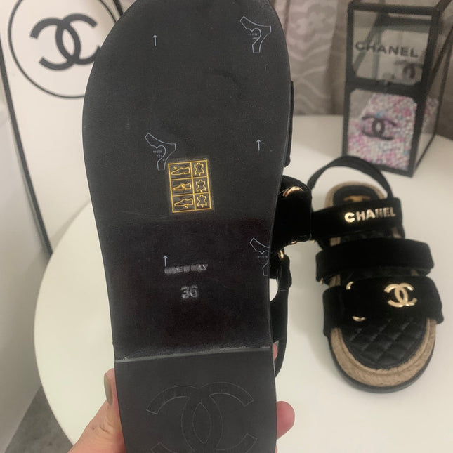26S STRAPPY SANDALS IN BLACK VELVET WITH ROPE SOLE GOLD HARDWARE