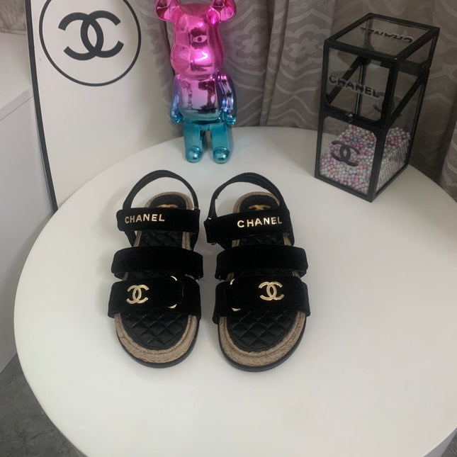 26S STRAPPY SANDALS IN BLACK VELVET WITH ROPE SOLE GOLD HARDWARE
