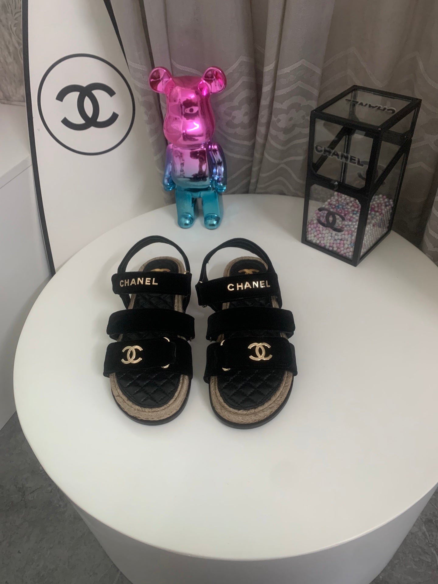 26S STRAPPY SANDALS IN BLACK VELVET WITH ROPE SOLE GOLD HARDWARE