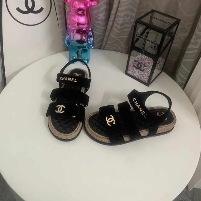 26S STRAPPY SANDALS IN BLACK VELVET WITH ROPE SOLE GOLD HARDWARE