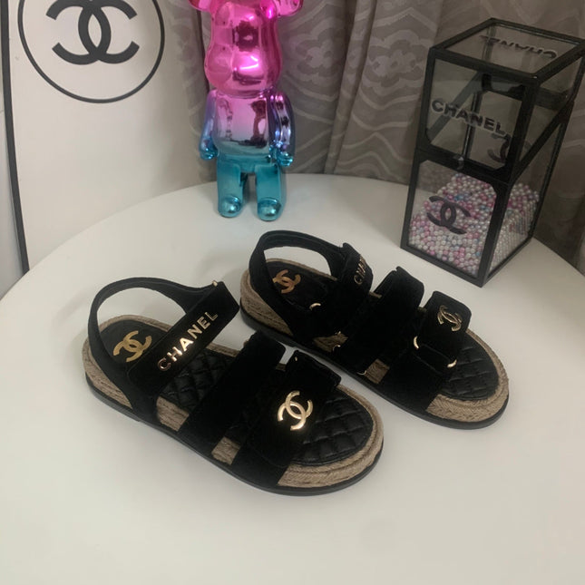 26S STRAPPY SANDALS IN BLACK VELVET WITH ROPE SOLE GOLD HARDWARE
