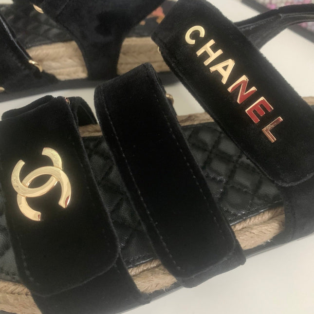 26S STRAPPY SANDALS IN BLACK VELVET WITH ROPE SOLE GOLD HARDWARE