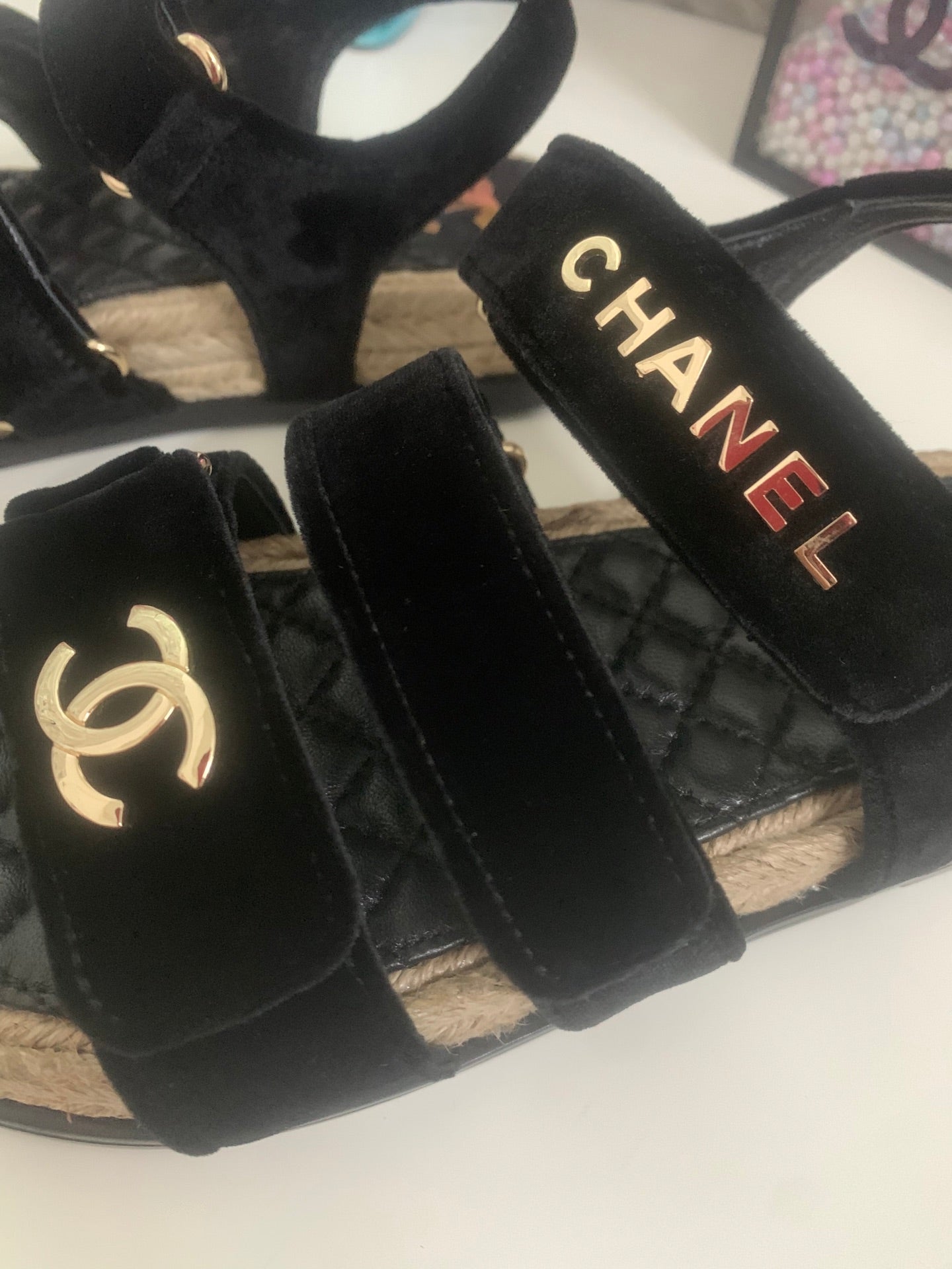 26S STRAPPY SANDALS IN BLACK VELVET WITH ROPE SOLE GOLD HARDWARE