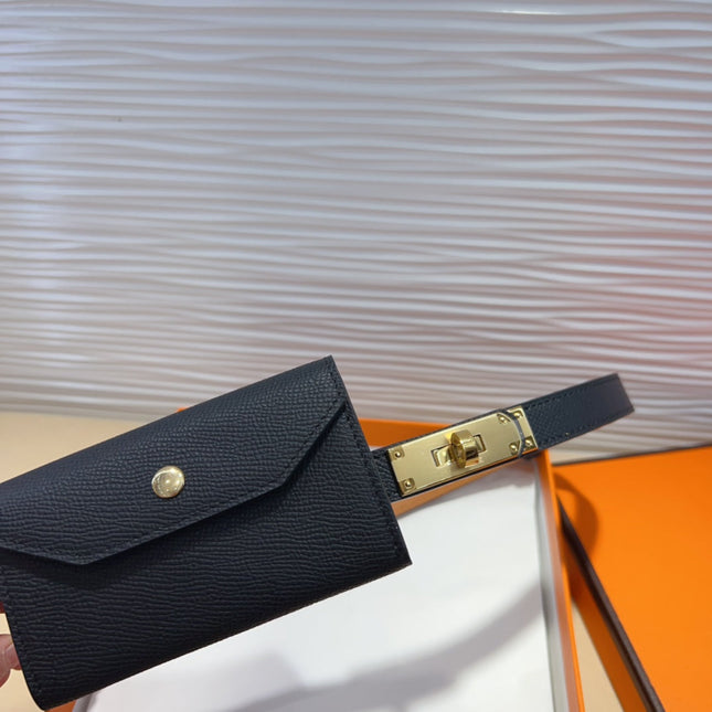 KELLY POCKET 18MM BELT BLACK LEATHER GOLD HARDWARE