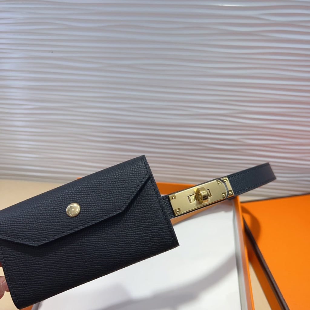 KELLY POCKET 18MM BELT BLACK LEATHER GOLD HARDWARE