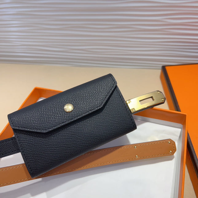 KELLY POCKET 18MM BELT BLACK LEATHER GOLD HARDWARE