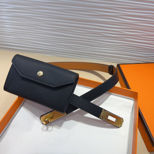 KELLY POCKET 18MM BELT BLACK LEATHER GOLD HARDWARE