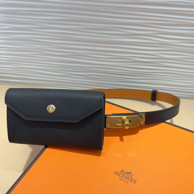KELLY POCKET 18MM BELT BLACK LEATHER GOLD HARDWARE
