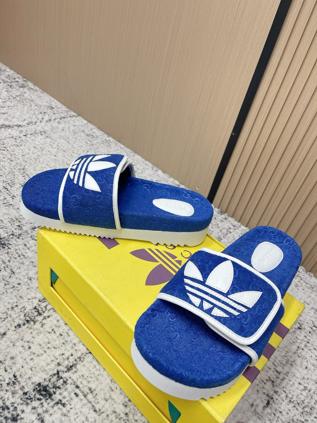 GUCCI 26S PLATFORM SLIDE SANDALS IN DARK BLUE FABRIC