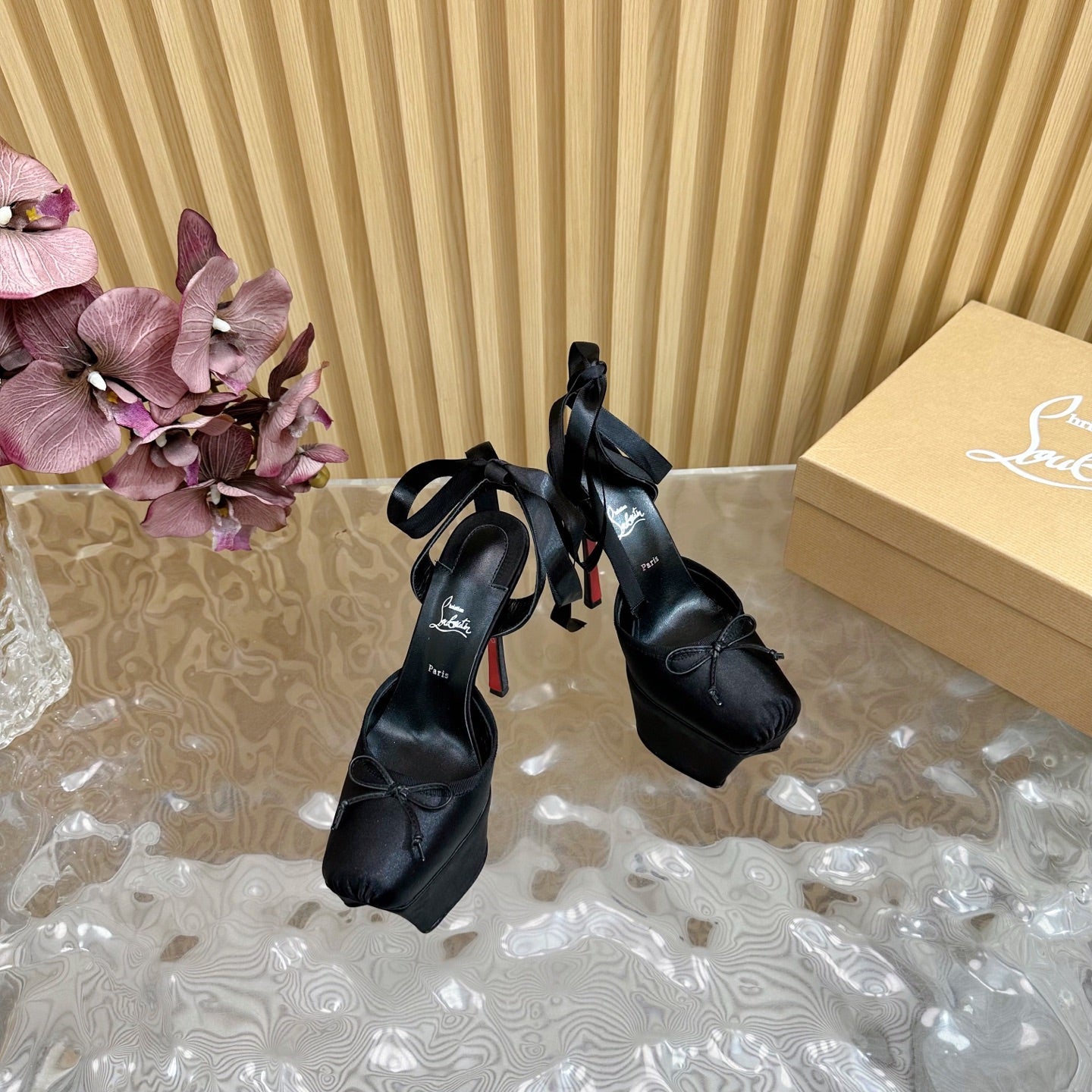 CASSIA LACE UP PLATFORM 155MM IN BLACK SATIN