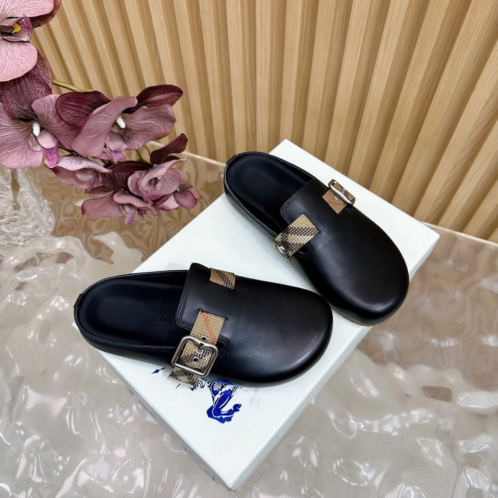 BURBERRY 26S PLAID BUCKLE MULES IN BLACK CALFSKIN