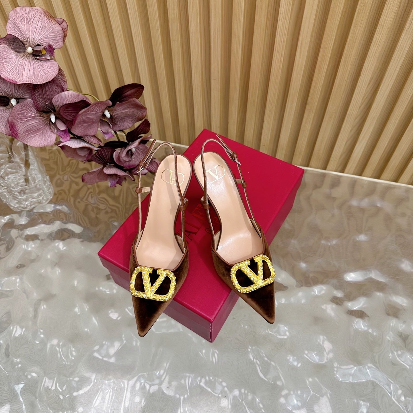 VALENTINO 25S HIGH-HEEL SLINGBACKS IN DARK BROWN VELVET WITH GOLD HARDWARE