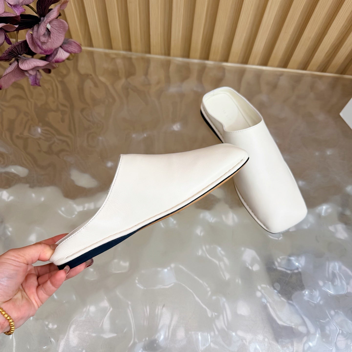 THE ROW 26S SQUARE TOE MULE FLATS IN IVORY WHITE CALFSKIN