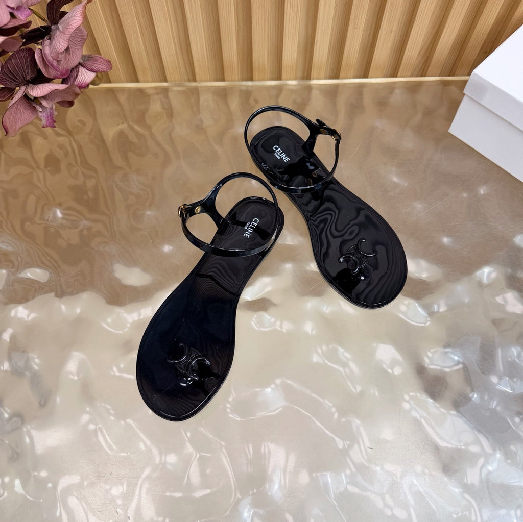 CELINE 26S TRIOMPHE JELLY THONG SANDALS IN BLACK TPU GOLD HARDWARE