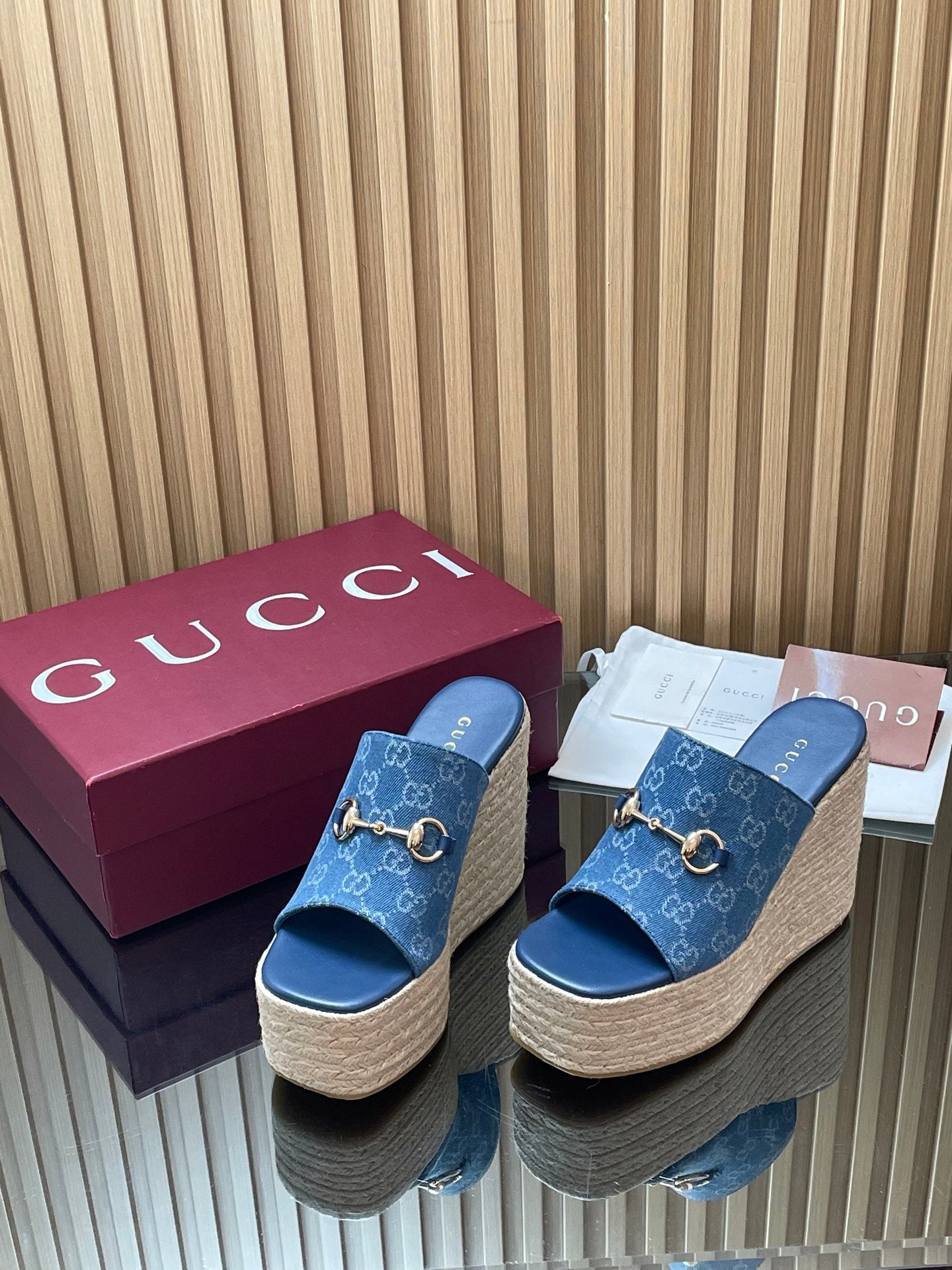 GUCCI 26S WEDGE SANDALS 110 MM IN BLUE CANVAS GG MONOGRAM