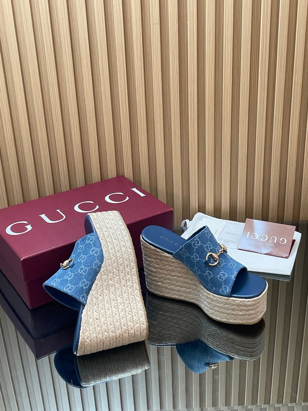 GUCCI 26S WEDGE SANDALS 110 MM IN BLUE CANVAS GG MONOGRAM