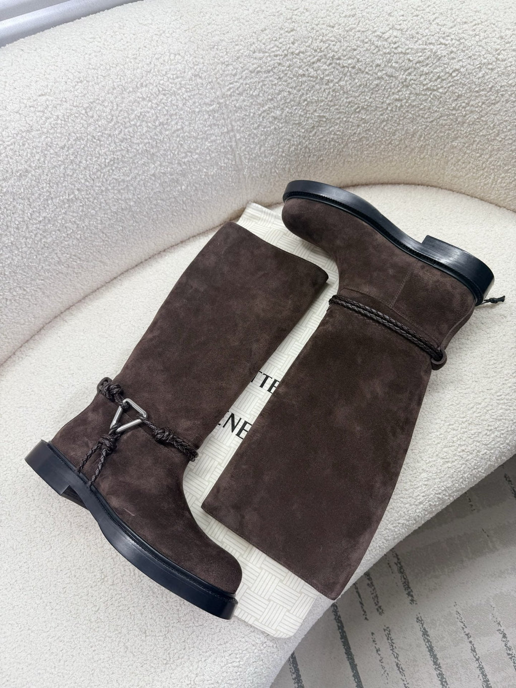 BOTTEGA VENETA 26S TALL BOOTS IN DARK BROWN SUEDE WITH ROPE DETAIL
