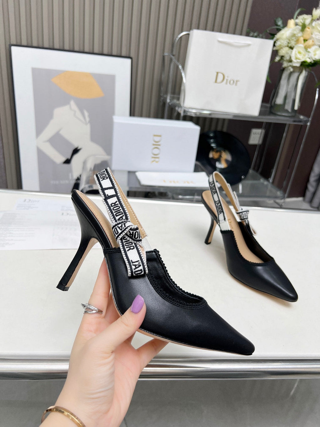 J'ADIOR SLINGBACK PUMP BLACK CALFSKIN AND BLACK EMBROIDERED FABRIC 10 CM