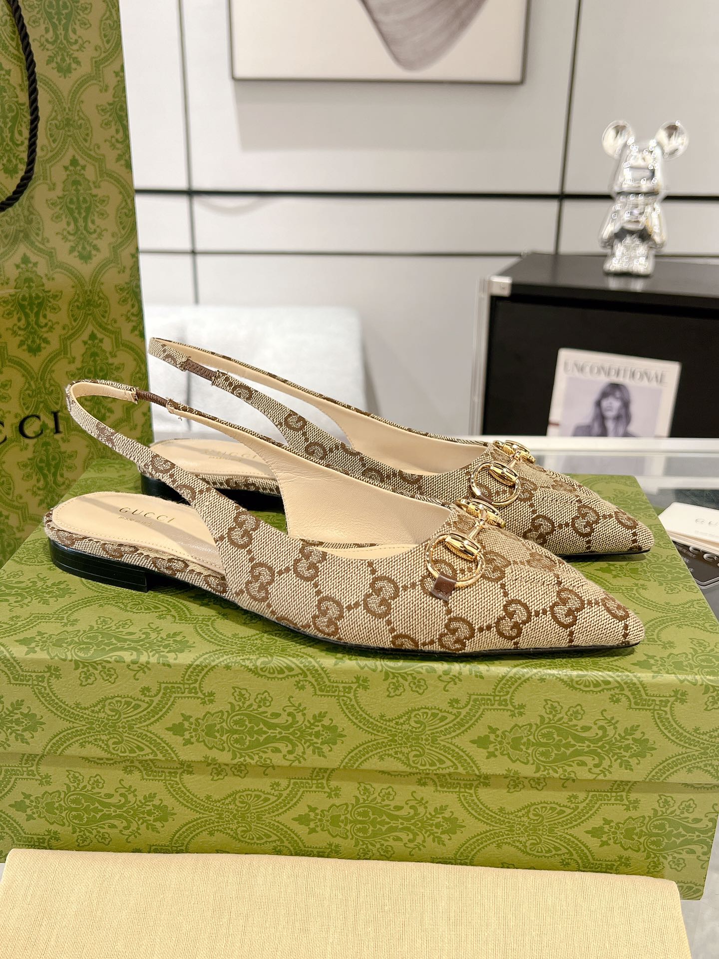 GG HORSEBIT SLINGBACK BALLET FLAT TAN BEIGE CANVAS