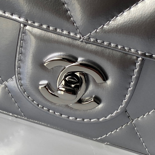 CHANEL 25S FLAP BAG 18 IN SILVER METALLIC CALFSKIN
