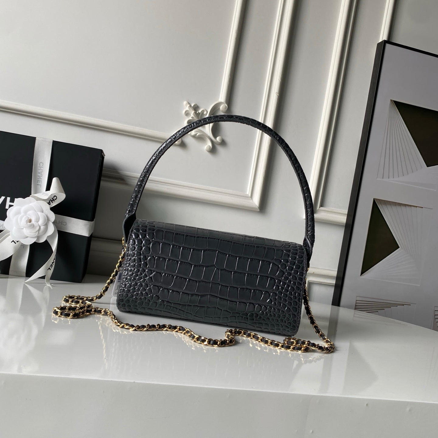 CHANEL 26S BARREL CLUTCH WITH CHAIN 23 IN DARK GREY CROCODILE-EMBOSSED CALFSKIN GOLD HARDWARE