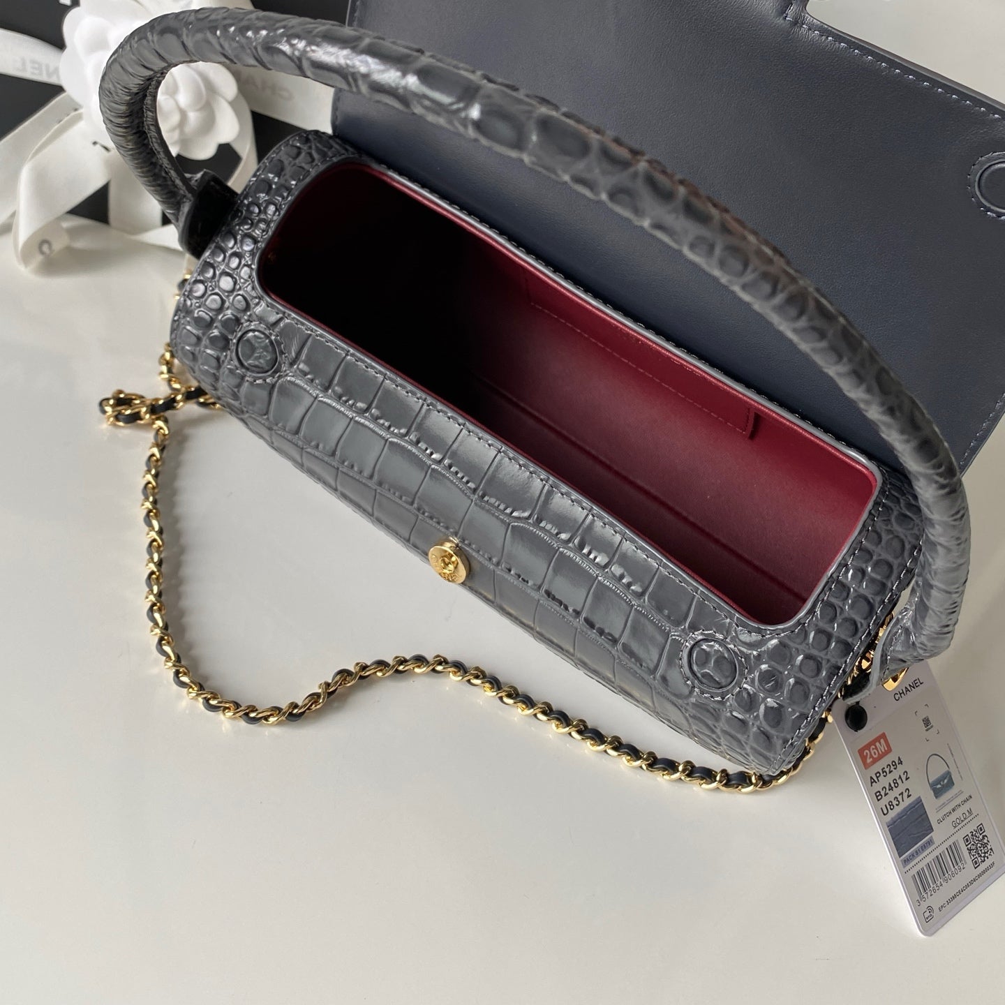 CHANEL 26S BARREL CLUTCH WITH CHAIN 23 IN DARK GREY CROCODILE-EMBOSSED CALFSKIN GOLD HARDWARE