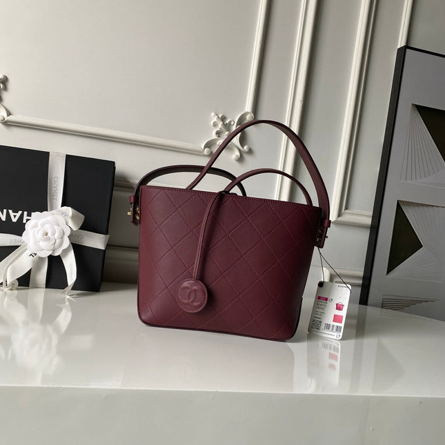 CHANEL 26S BUCKET SHOULDER BAG 27 IN BURGUNDY RED LAMBSKIN GOLD HARDWARE