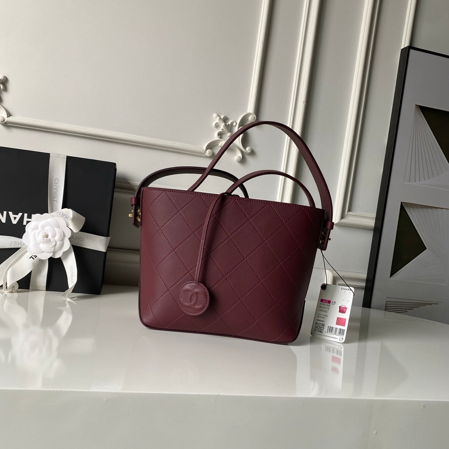 CHANEL 26S BUCKET SHOULDER BAG 27 IN BURGUNDY RED LAMBSKIN GOLD HARDWARE