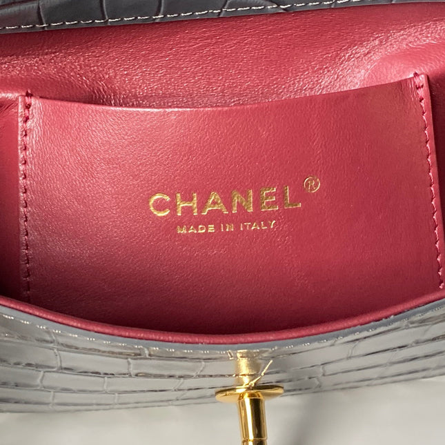 CHANEL 26S TOP HANDLE BAG 19 IN DARK GREY CROCODILE-EMBOSSED CALFSKIN GOLD HARDWARE
