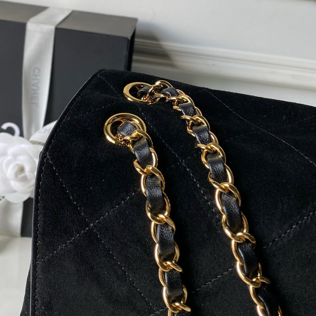 CHANEL 26S CLASSIC FLAP MEDIUM 39 IN BLACK QUILTED SUEDE AND CALFSKIN GOLD HARDWARE