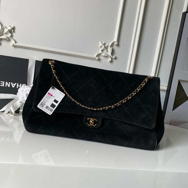 CHANEL 26S CLASSIC FLAP MEDIUM 39 IN BLACK QUILTED SUEDE AND CALFSKIN GOLD HARDWARE