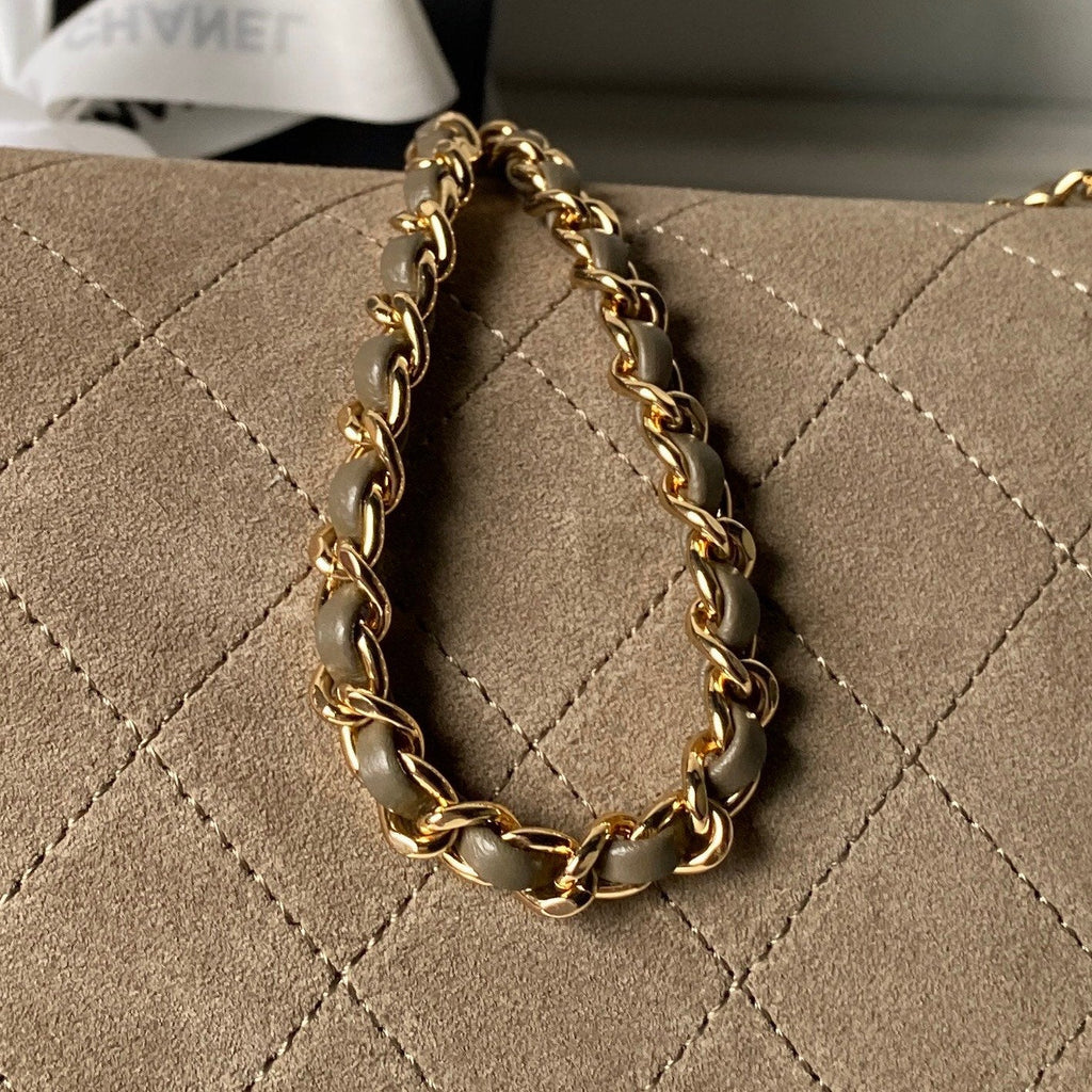 CHANEL 26S BARREL CLUTCH WITH CHAIN 23 IN DARK KHAKI BROWN SUEDE AND CALFSKIN GOLD HARDWARE
