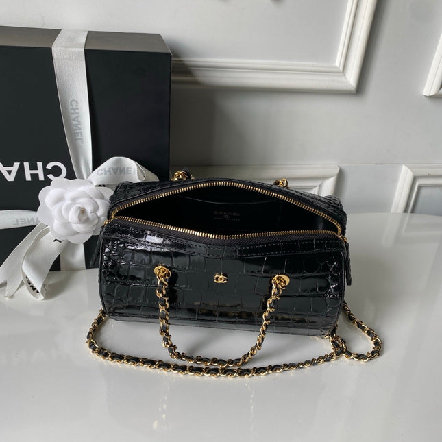 CHANEL 26S MINI TIMELESS CLASSIC BARREL BAG 19 IN BLACK CROCODILE-EMBOSSED PATENT CALFSKIN GOLD HARDWARE